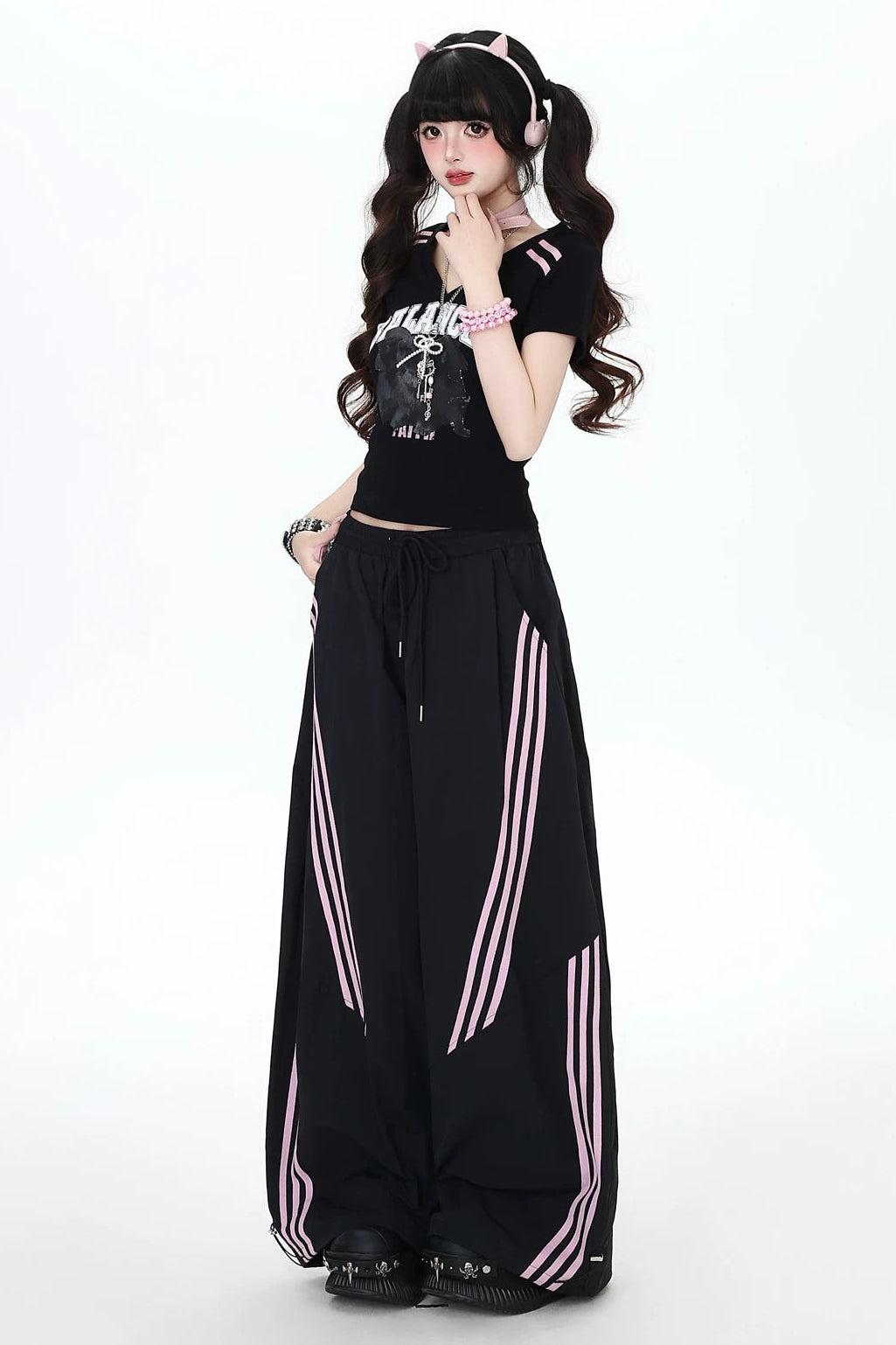 カジュアルモードストライプルーズパンツ