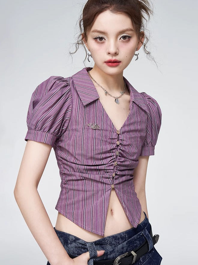 Violet striped puff sleeve short pleated shirt