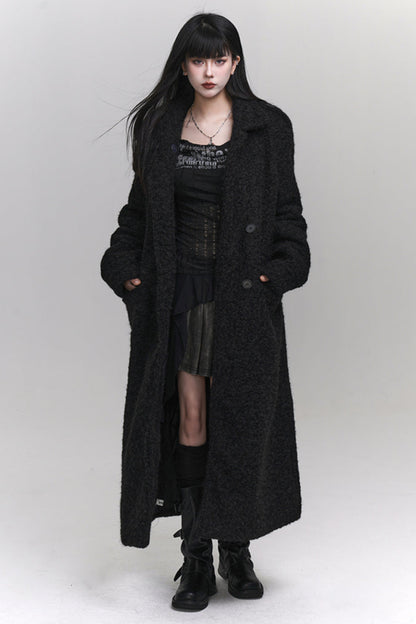 High neck mode dark long wool coat