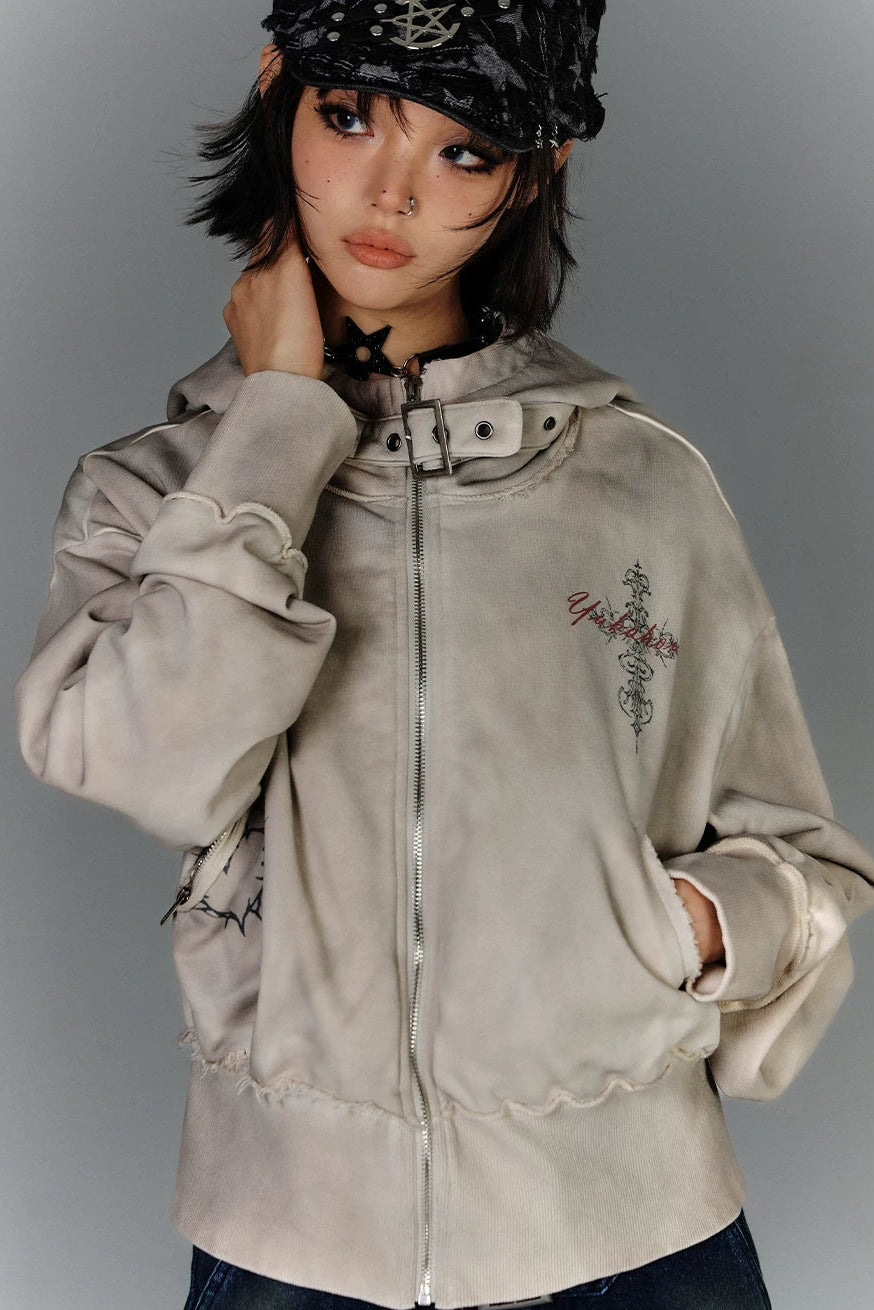 モードジッパーバイカーフードジャケット