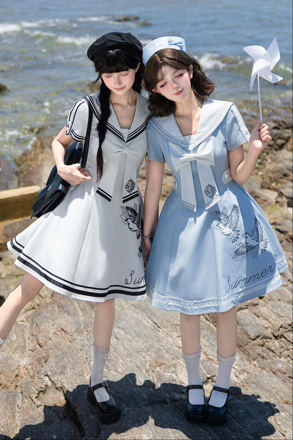 【10月1日予約締切】Blue/White Sailor Collar Bird Embroidery Lolita Bow Dress