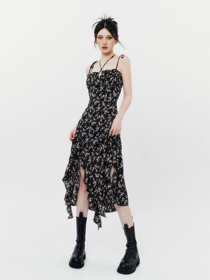 Cool Black Floral Frill Hem Halter Ribbon Cami Dress