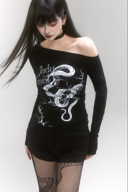 One-shoulder snake design long sleeve top