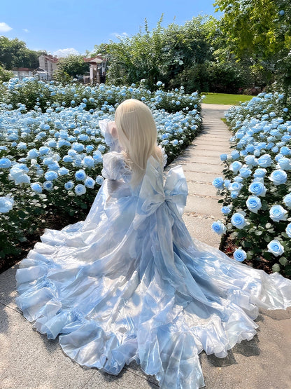 [Pre-order product] Snow Blue Sparkling Series Long Tail Bustier Dress + Back Ribbon