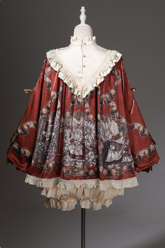【11月3日予約締切】Antique Bow Burgundy Rabbit Print Frill Doll Dress + Shorts Set