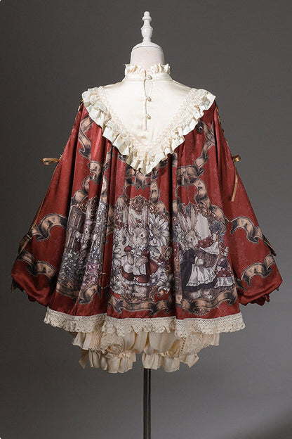 【11月3日予約締切】Antique Bow Burgundy Rabbit Print Frill Doll Dress + Shorts Set