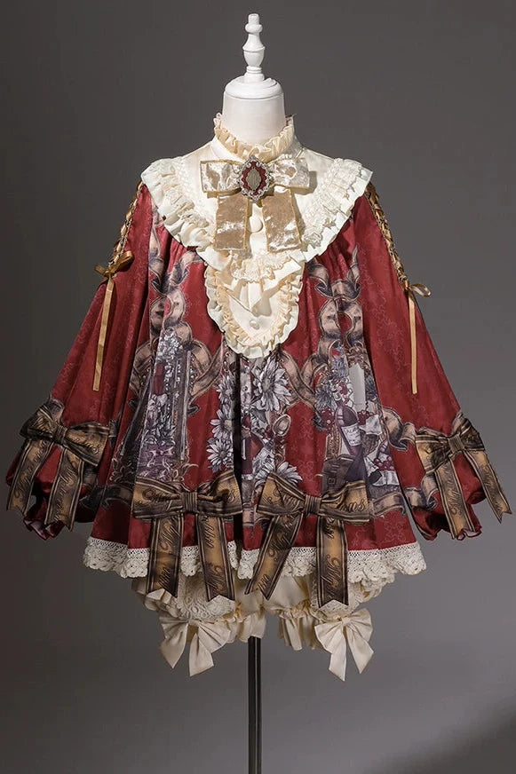 【11月3日予約締切】Antique Bow Burgundy Rabbit Print Frill Doll Dress + Shorts Set