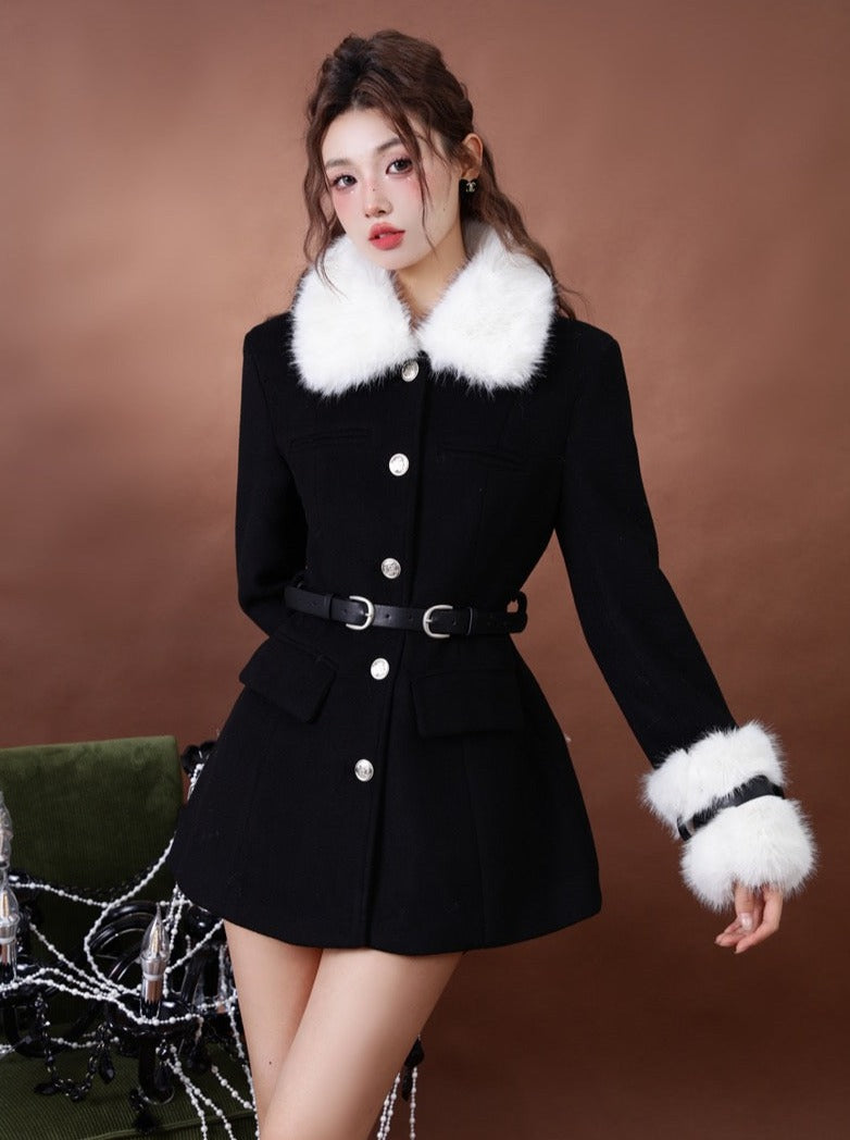 Rich Lady Style Fur Mid Length Waist Wool Coat