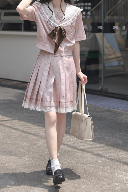 Pink Polka Dot Sailor Blouse + Skirt + Accessories