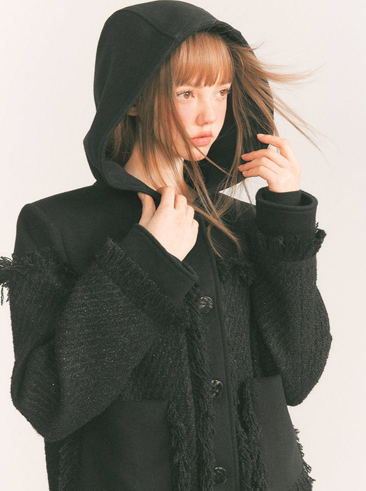 Fringe Straight Loose Hooded Wool Jacket