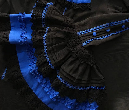 [Vorbestellfrist: 13. Juli] Kleinblaue Gothic-Lolita-Rüschen-Stufenkleid-Komplettset