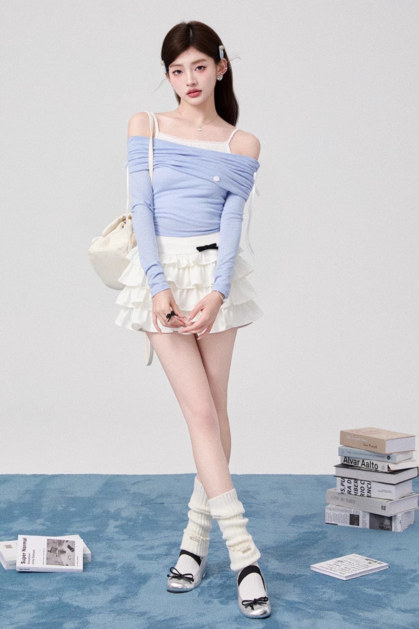 Bowan Shoulder Knit Tops + Pleated Skirt + Ribbon Cake Skirt