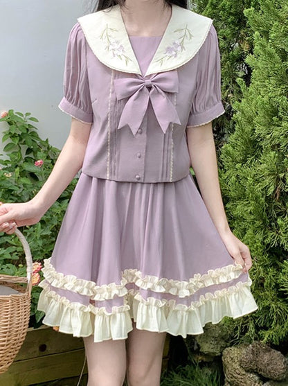 Flower sailor ribbon tops + frill skirt