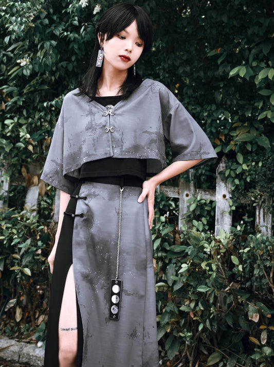 中国味道月亮薰衣草印刷雪纺外套和裙子设置