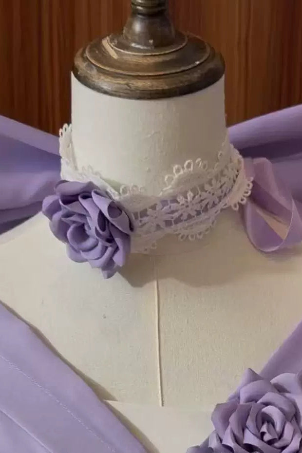 [Vorbestellfrist 28. Juni] Lila-weißes schulterfreies Princess-Lolita-Kleid mit Rosenband + Komplettset + Accessoires