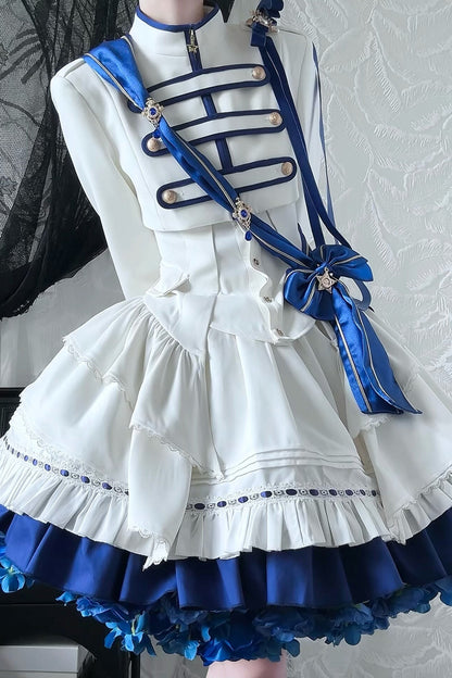 【9月13日予約締切】Blue White Military Ruffle Lolita Jacket (with epaulet bow) + Shirt + Short Skirt Set / Shorts Set + Complete set 1/2 (Officer cap + Leg covers + Sash)