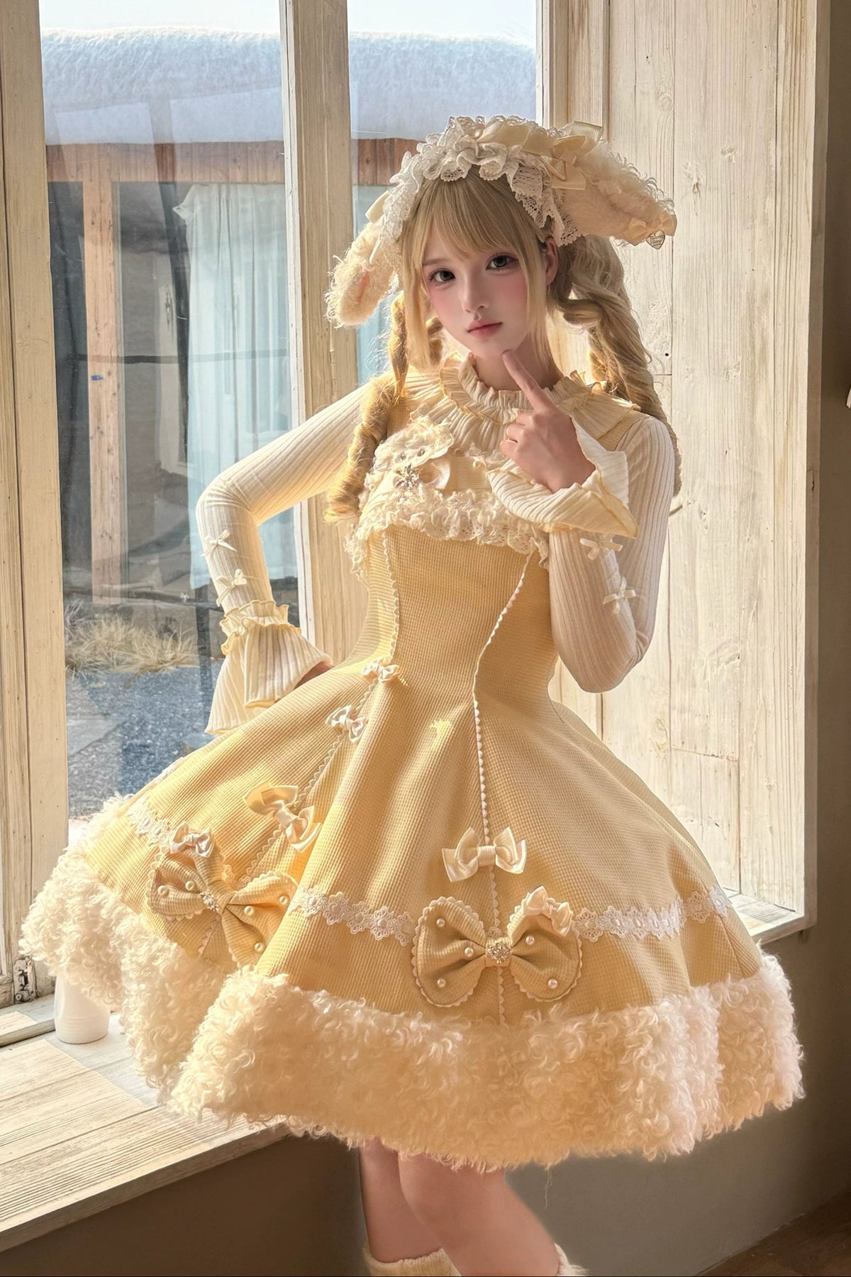 【11月7日予約締切】Yellow/Pink Sweet Lolita Lace Ribbon Fluffy Hem JSK Dress + Ruffle Neck Ribbed Bell Sleeve Top
