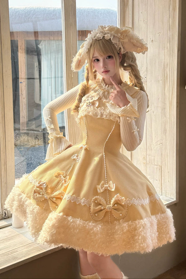 【11月7日予約締切】Yellow/Pink Sweet Lolita Lace Ribbon Fluffy Hem JSK Dress + Ruffle Neck Ribbed Bell Sleeve Top