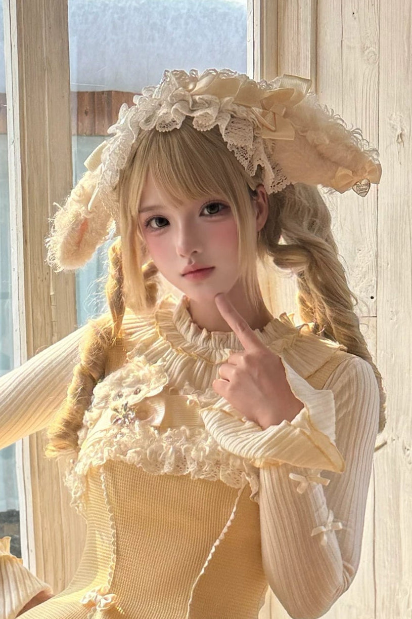 【11月7日予約締切】Yellow/Pink Sweet Lolita Ribbon Lace Headband With Lamb Ear Accent + Fluffy Lamb Brooch