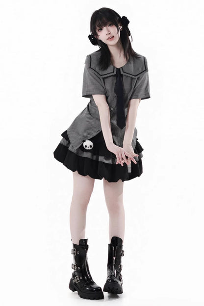 Plaid College Shirt + Shirt + Puff Skirt