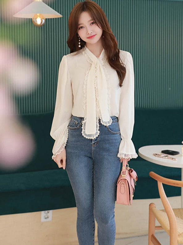 Ribbon lace chiffon shirt