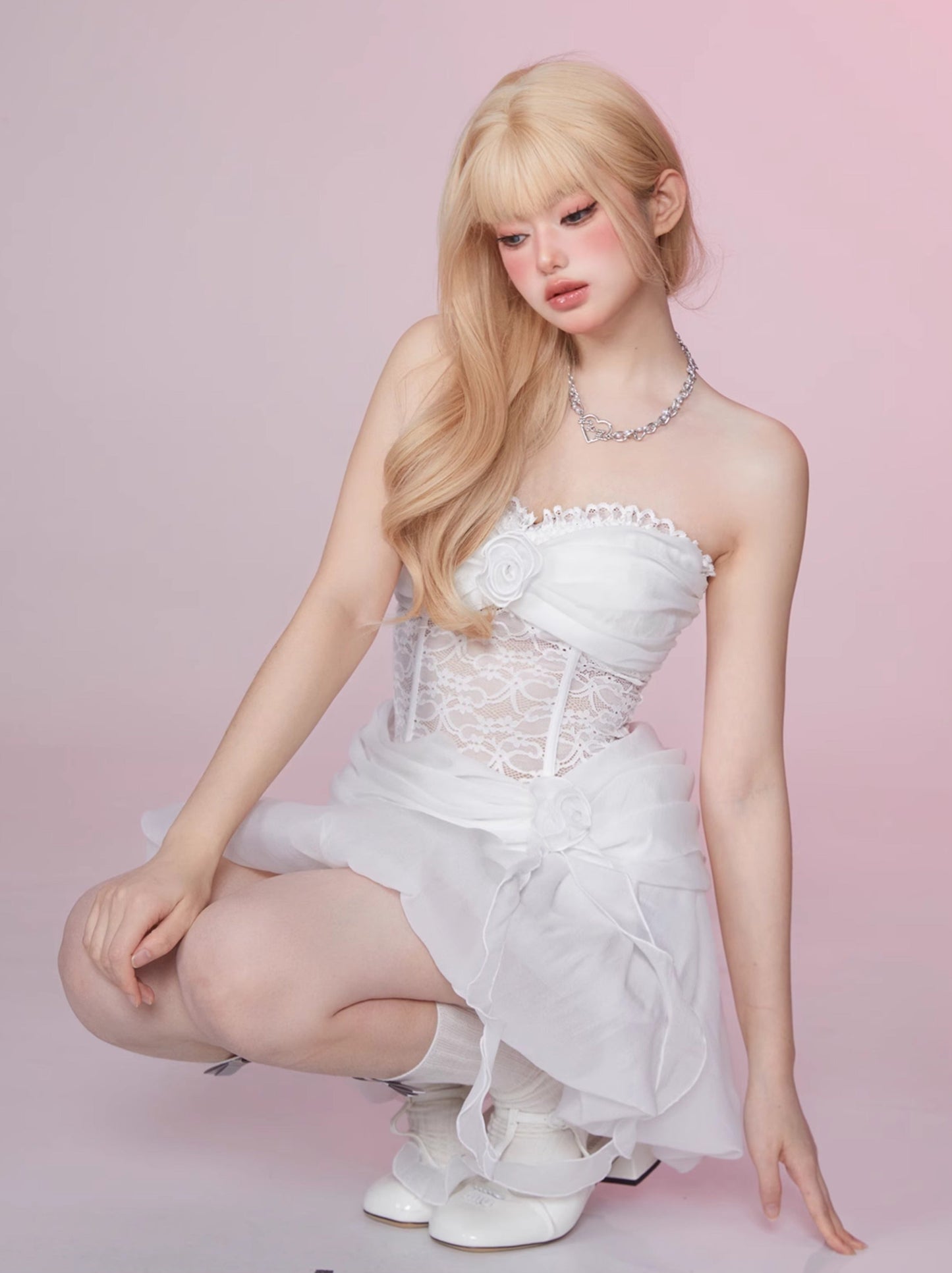 Swan Lace Princess Fluffy Mesh Bustier Dress