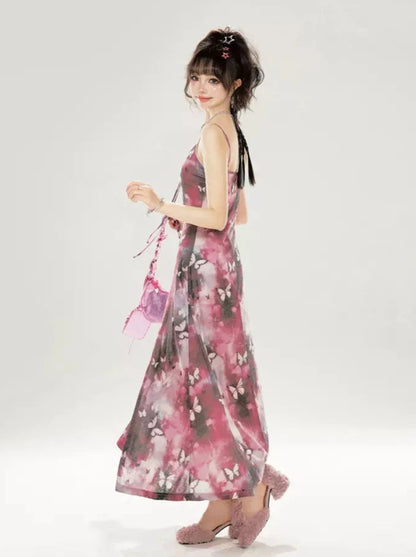 Pink-gray butterfly slit suspender dress