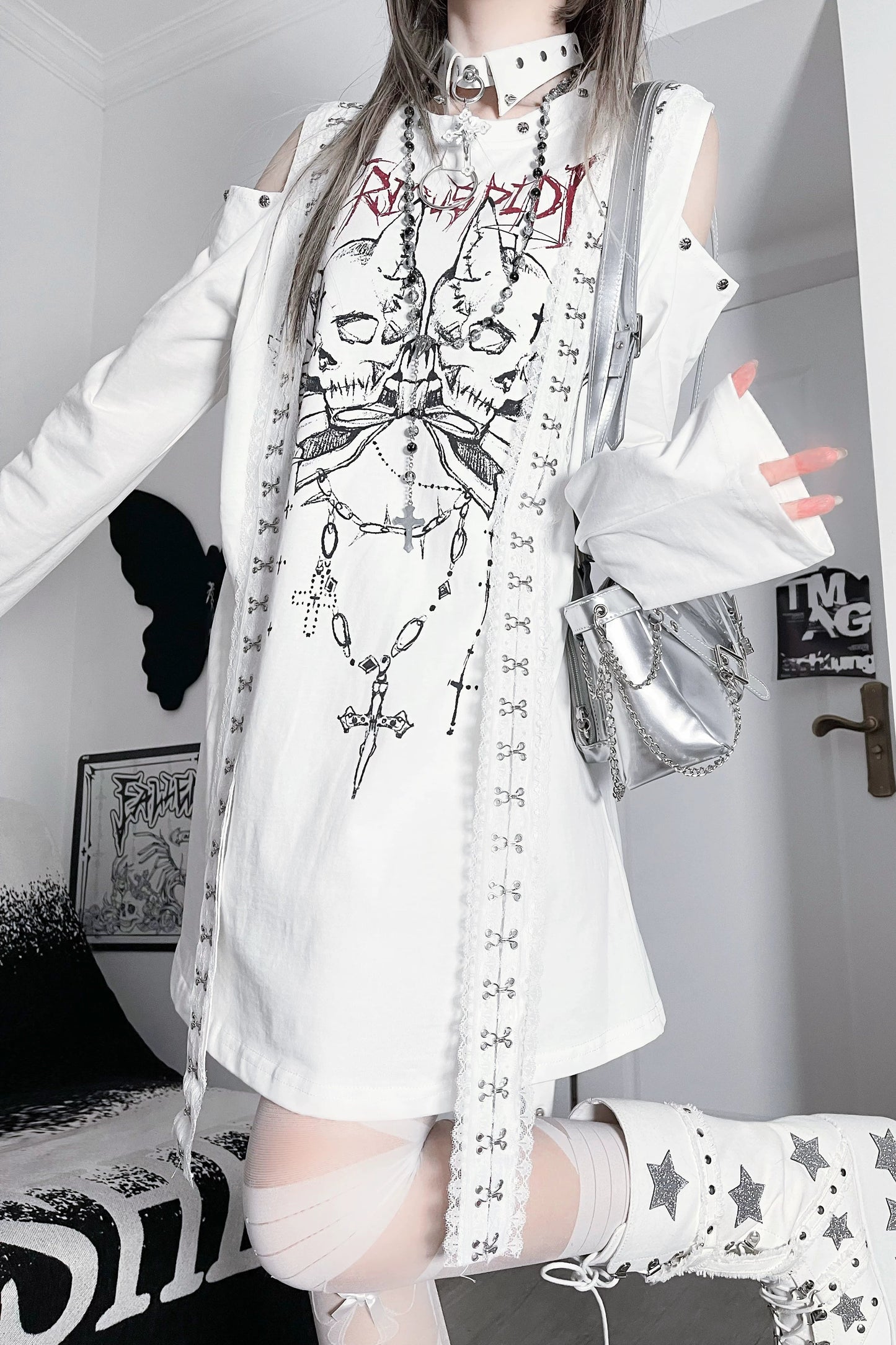 ダブルスカルサブカルチャーダークルーズオフショルダートップス