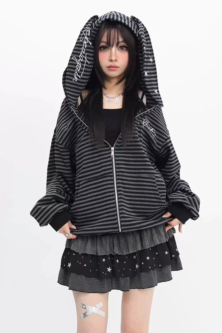 ボーダーラビットイヤーフードジャケット