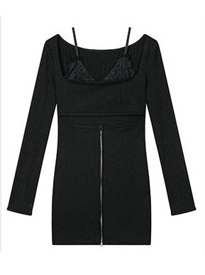 Lace Splicing Suspender Design Knit Dress