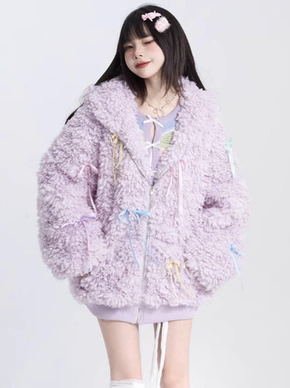 Light purple loose hooded zipped lambswool coat