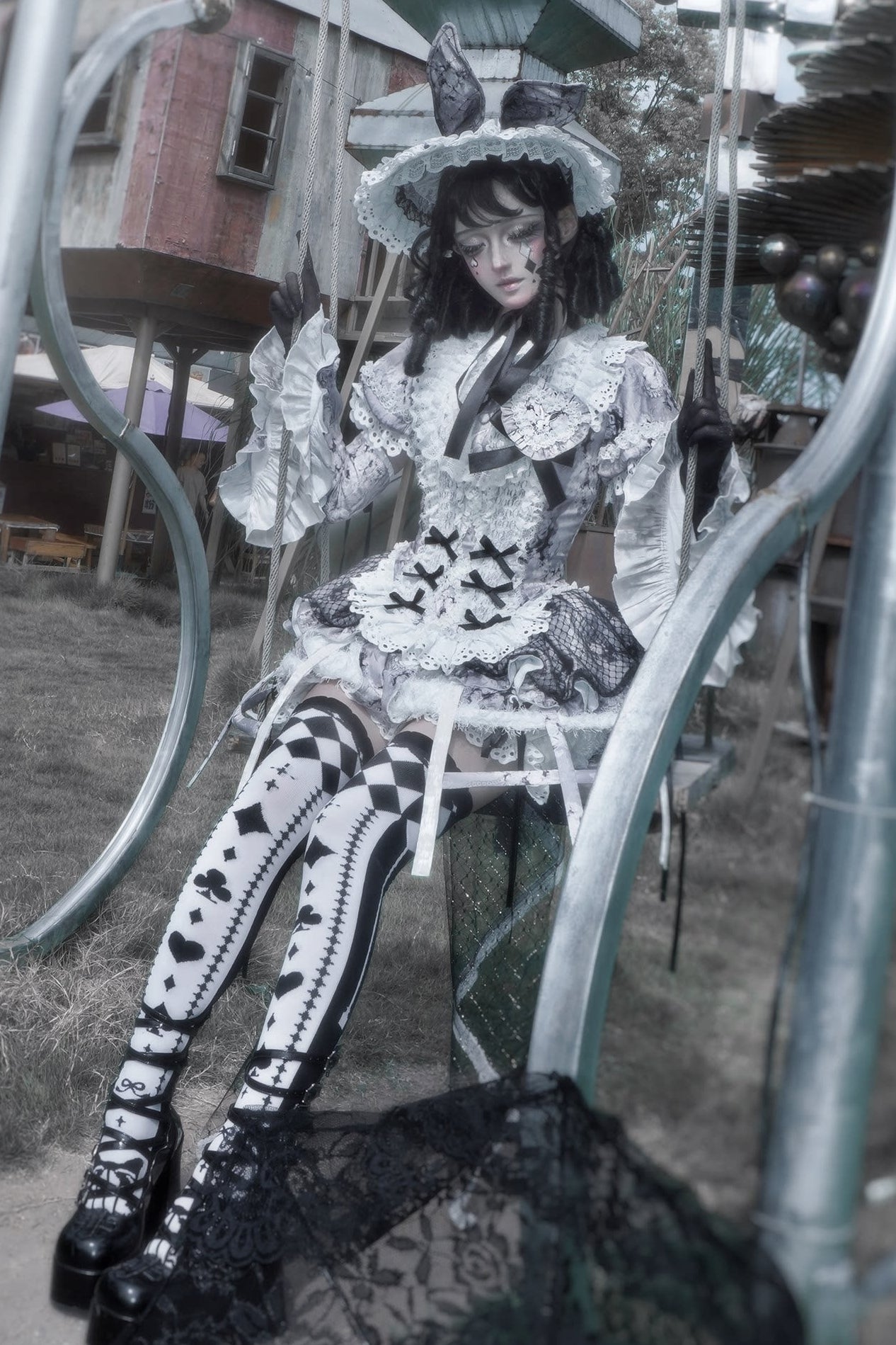 [Reservierungsschluss: 10. Monat, 6. Tag] Black Castle Bunny-Gothic-Doll-Spitzen-Korsett-Top mit Puffärmeln + Shorts + Rüschen-Überrock + Birdcage-Überrock Set 1/2/3