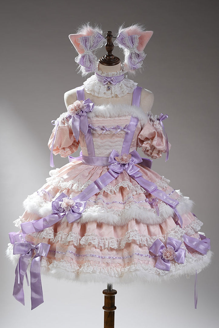 【12月26日予約締切】キャットファンタジーピンクパープルファーリボンティアードドレス＋猫耳ヘッドKC＋レースチョーカー