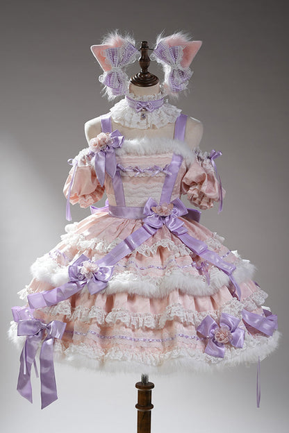 【12月26日予約締切】キャットファンタジーピンクパープルファーリボンティアードドレス＋猫耳ヘッドKC＋レースチョーカー