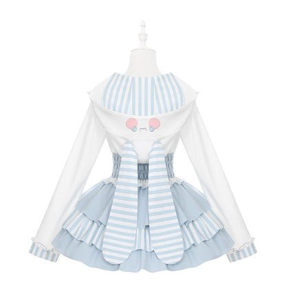 Bunny Ear Hooded Sweatshirt Suspender Skirt With Top Set-Up
