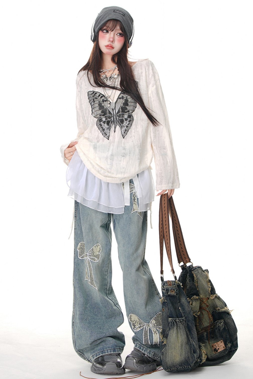 Lace Ribbon Wide Leg Jeans