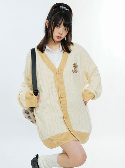 Patch V-Neck Cable Knit Cardigan