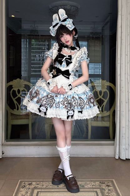 [Reservierungsschluss 30. Juni] Blau-weißes Alice-im-Wunderland Sweet-Lolita-Schleifen-Schürzen-OP-Kleid + Komplettset 1/2
