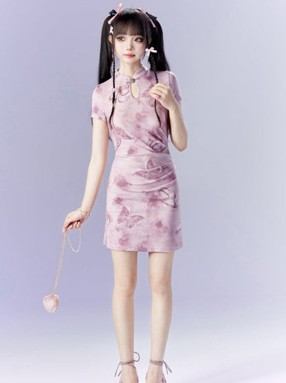 Sweet Pinky Butterfly Short China Dress