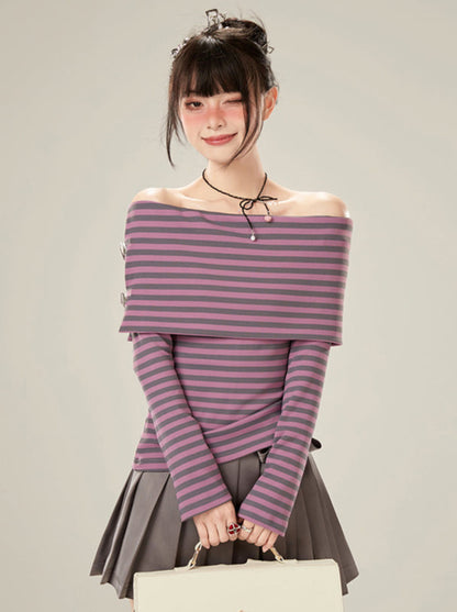 Purple Stripe Off-the-shoulder Long T