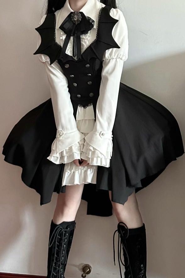[Pre-order Deadline: October 29] Gothic Vampire Butler White Lace Flare Sleeve Shirt + Bat Collar Ruffle High-Low Lolita JSK Dress Set + Jewel Bow Tie