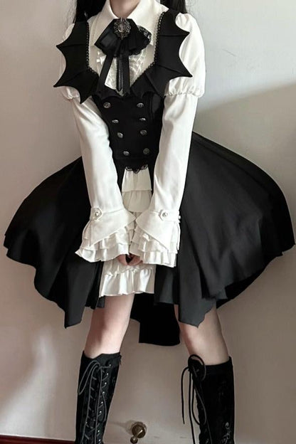 [Pre-order Deadline: October 29] Gothic Vampire Butler White Lace Flare Sleeve Shirt + Bat Collar Ruffle High-Low Lolita JSK Dress Set + Jewel Bow Tie