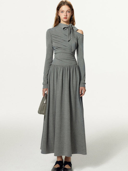BOHOL BLING Mint Cool Off-the-shoulder shirred slim long sleeve A pendulum long base dress for women
