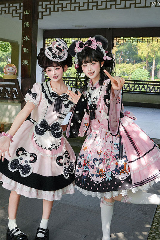 [Pre-order Deadline: October 25] Pink/Green Chinoiserie Lolita Sweet Panda Print Bow Bell Sleeve OP Dress
