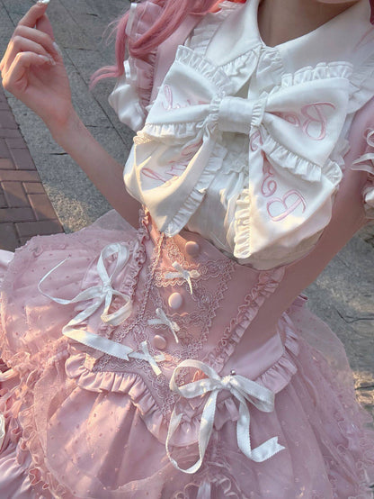 【5月12日予約締切】ピンクホワイトスイートロリータアイドルリボンパフスリーブシャツ＋コルセットチュールプルアップJKSドレスセットアップ