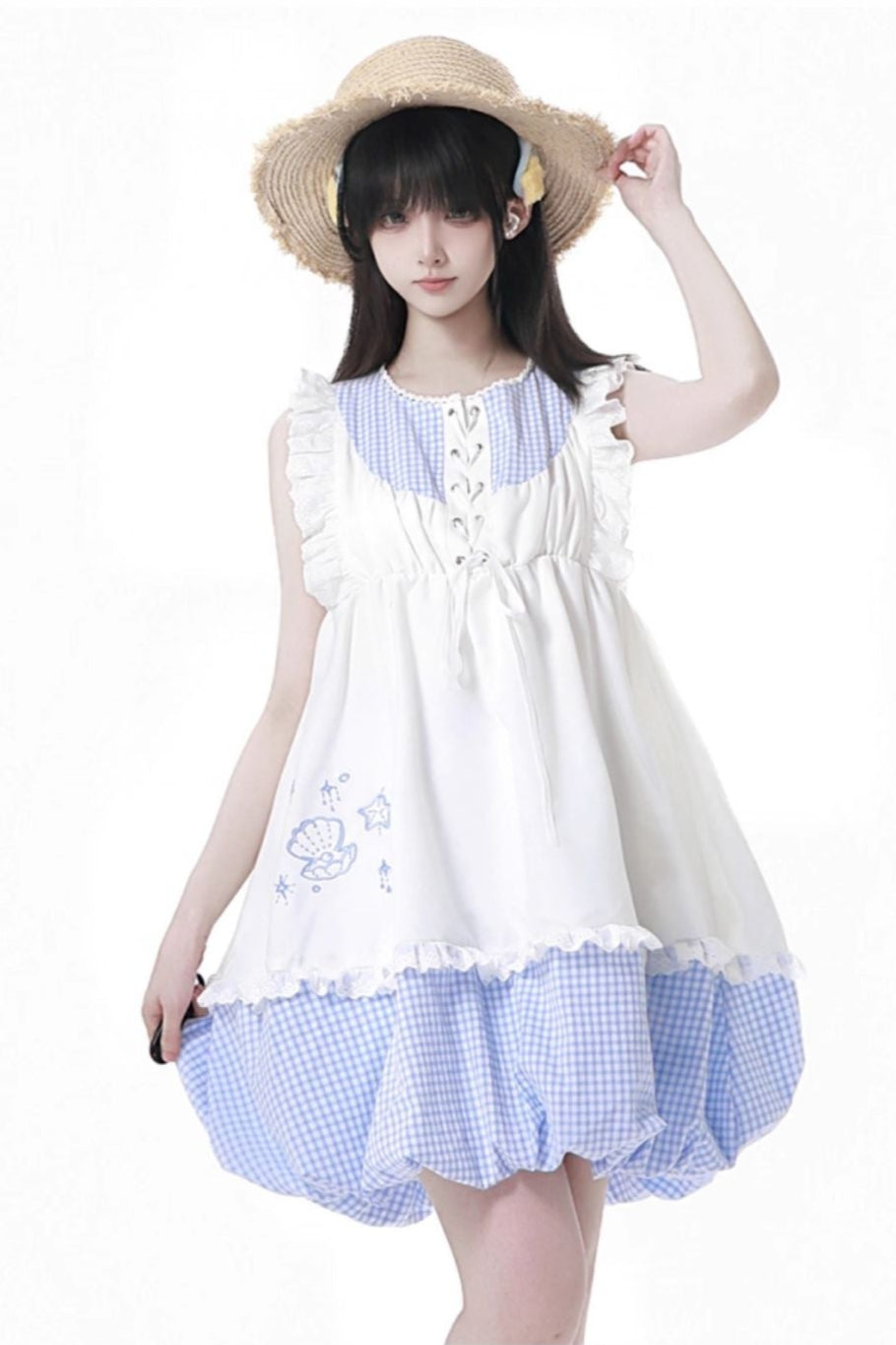 シェルパズルノースリーブトップス＋チェックショートパンツ＋バルーンドレス