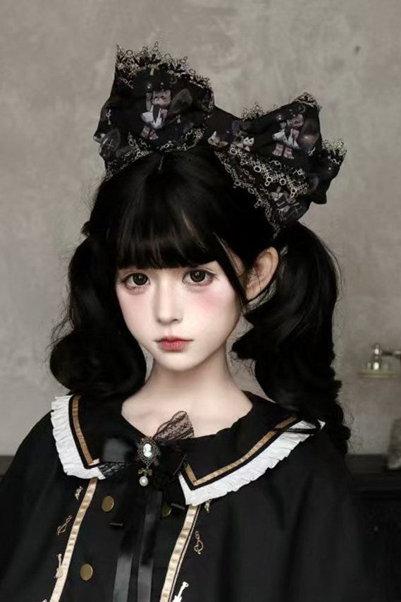 Reservation Deadline: December 26 Black Gold Gothic Lolita Cat Choir Series Accessories (Cat Ear BB Hat + Back Ribbon Train + Pair of Side Ribbons with Musical Note and Cross Motifs + Cat Print Ribbon KC + Black Cat Ear Lace Mini Hat)