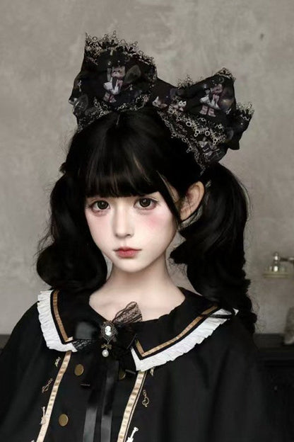Reservation Deadline: December 26 Black Gold Gothic Lolita Cat Choir Series Accessories (Cat Ear BB Hat + Back Ribbon Train + Pair of Side Ribbons with Musical Note and Cross Motifs + Cat Print Ribbon KC + Black Cat Ear Lace Mini Hat)