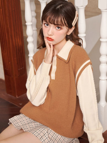 Polo collar faux two-piece knit sweater