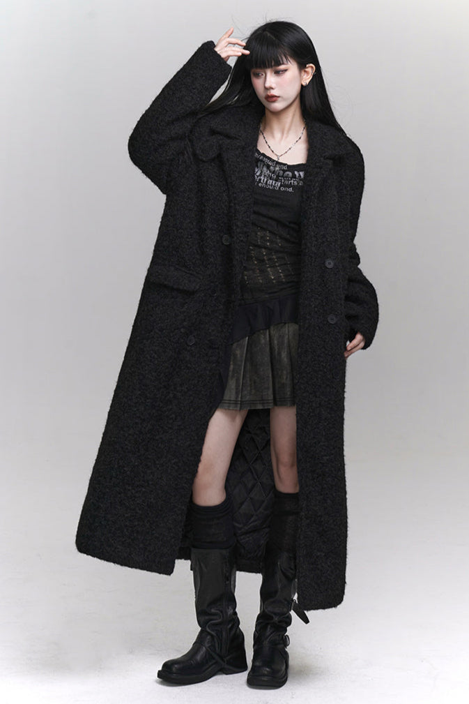 High neck mode dark long wool coat